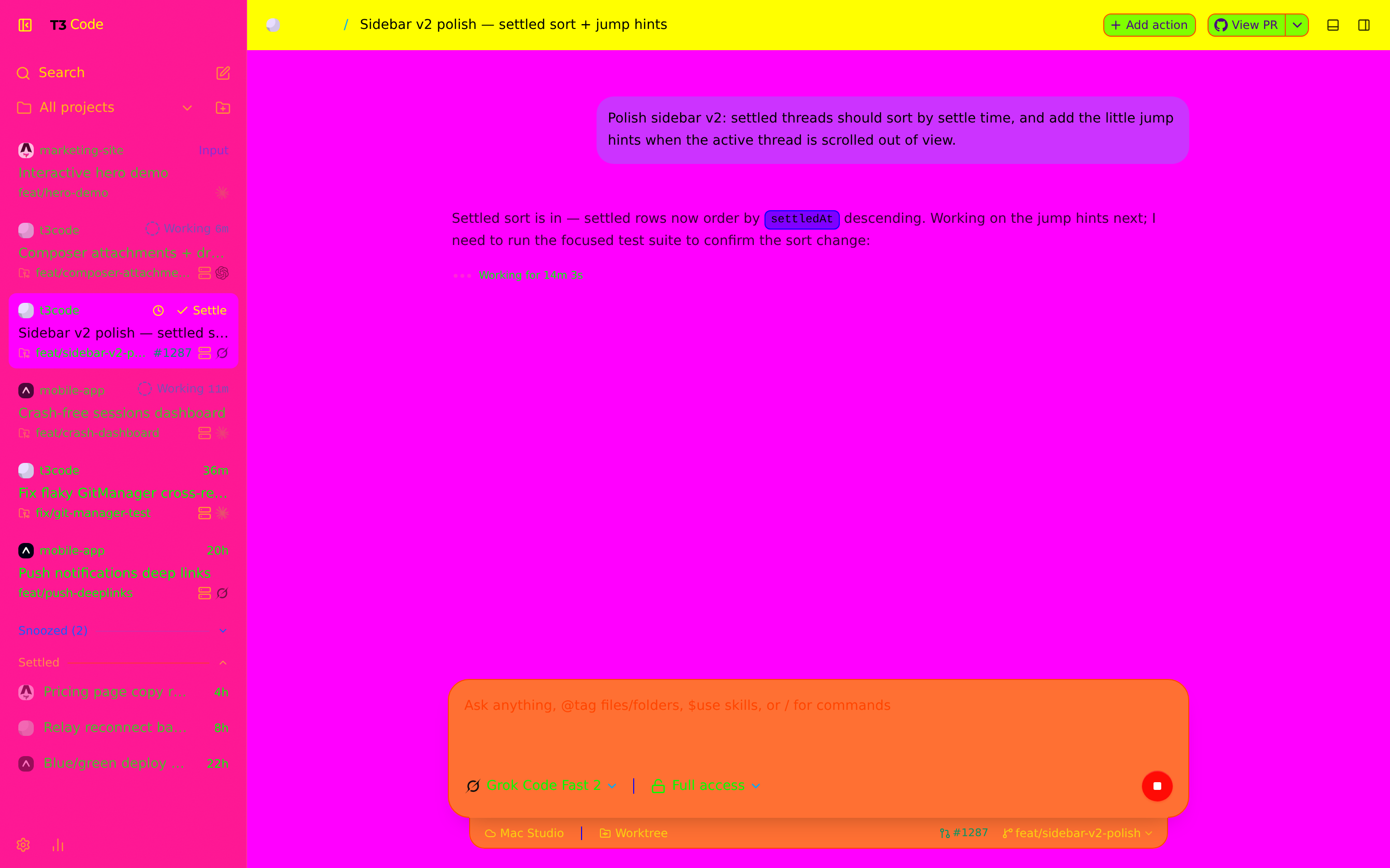 T3Code with the Neon beige theme